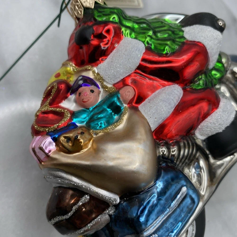 Kurt Adler Santa on Motorcycle Glass Christmas Ornament Blue Silver Red